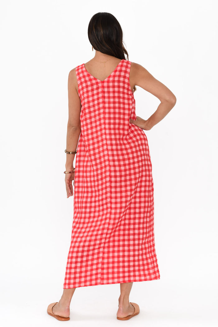 Lisa Red Check Linen Pocket Dress,Brunette model,alt text|model:Cara