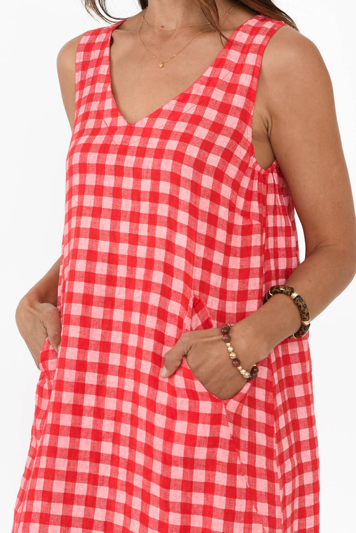 Lisa Red Check Linen Pocket Dress,Brunette model,alt text|model:Cara