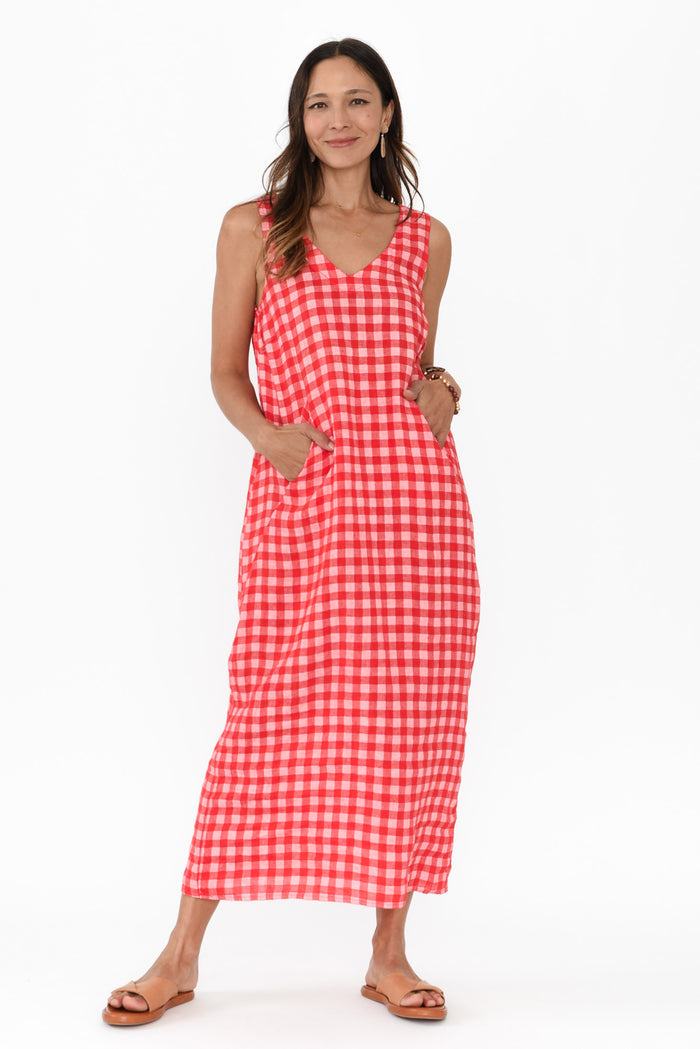 Lisa Red Check Linen Pocket Dress,Brunette model,alt text|model:Cara