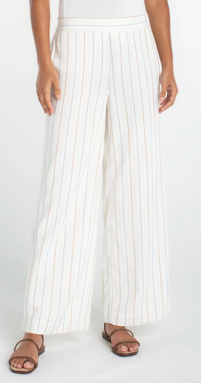 LIVERPOOL PULL ON WIDE LEG WOVEN PANT-CREAM WITH BLUE STRIPE