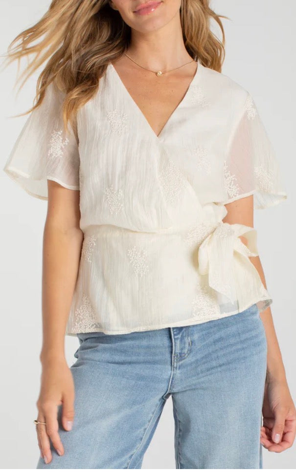 LIVERPOOL SHORT SLEEVE WRAP FRONT WOVEN TOP W/ TIE