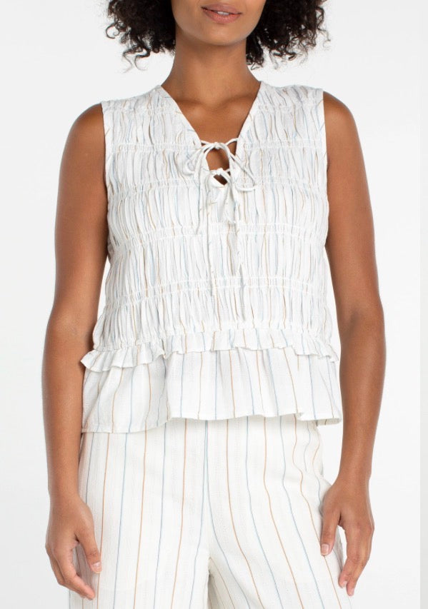 LIVERPOOL SLEEVELESS TIE FRONT WOVEN TOP W/ SMOCKING