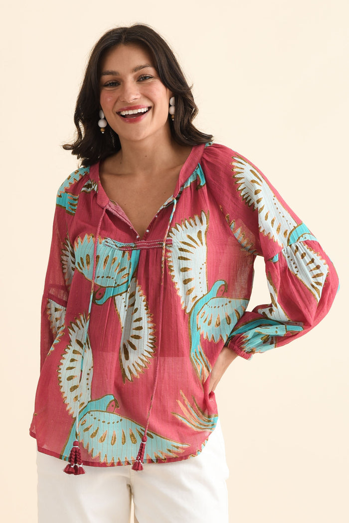 Lorrini Red Bird Cotton Tassel Top,Brunette model,alt text|model:Brontie