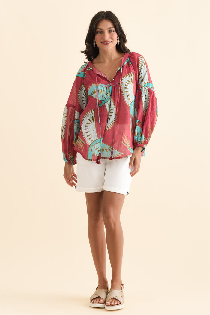 Lorrini Red Bird Cotton Tassel Top,Brunette model,alt text|model:Brontie