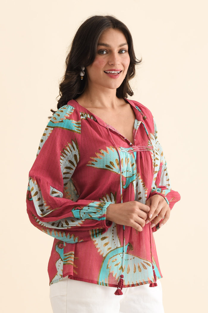 Lorrini Red Bird Cotton Tassel Top,Brunette model,alt text|model:Brontie