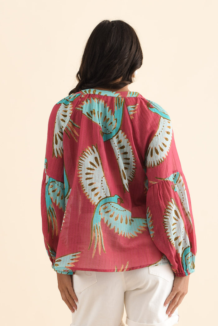 Lorrini Red Bird Cotton Tassel Top,Brunette model,alt text|model:Brontie