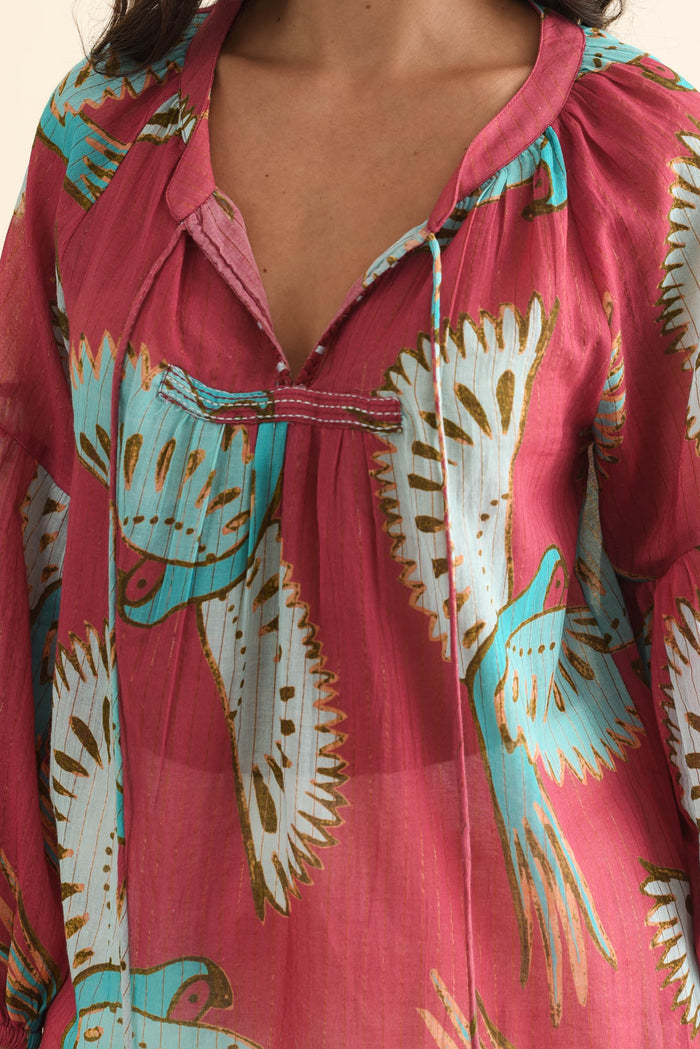 Lorrini Red Bird Cotton Tassel Top,Brunette model,alt text|model:Brontie
