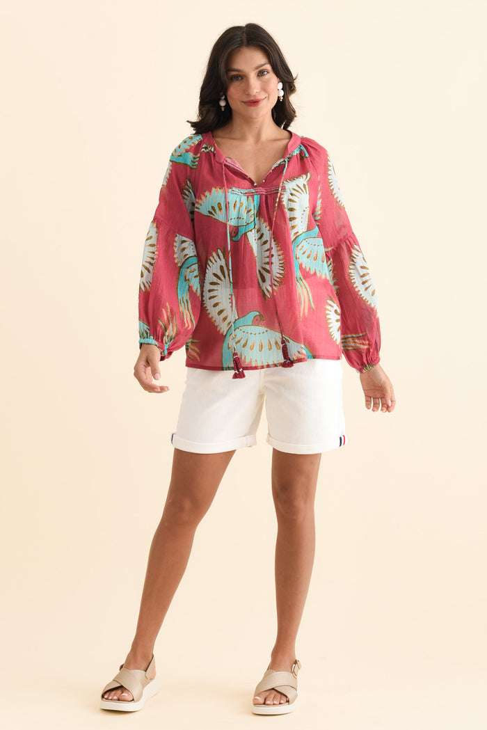 Lorrini Red Bird Cotton Tassel Top,Brunette model,alt text|model:Brontie