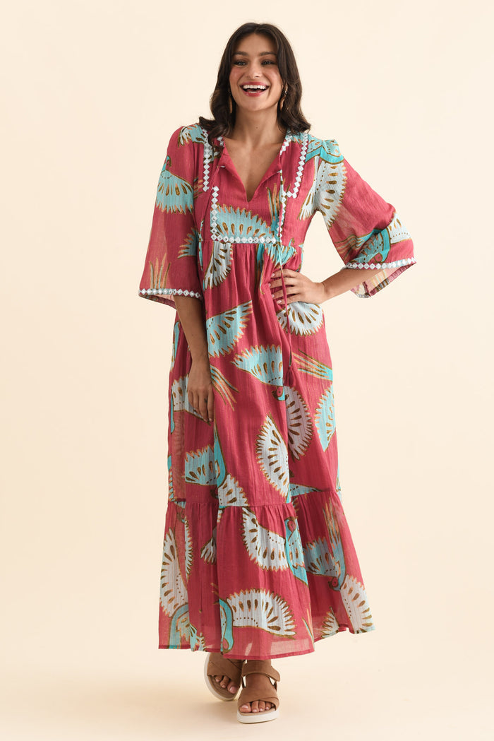 Lorrini Red Bird Cotton Tier Dress,Brunette model,alt text|model:Brontie