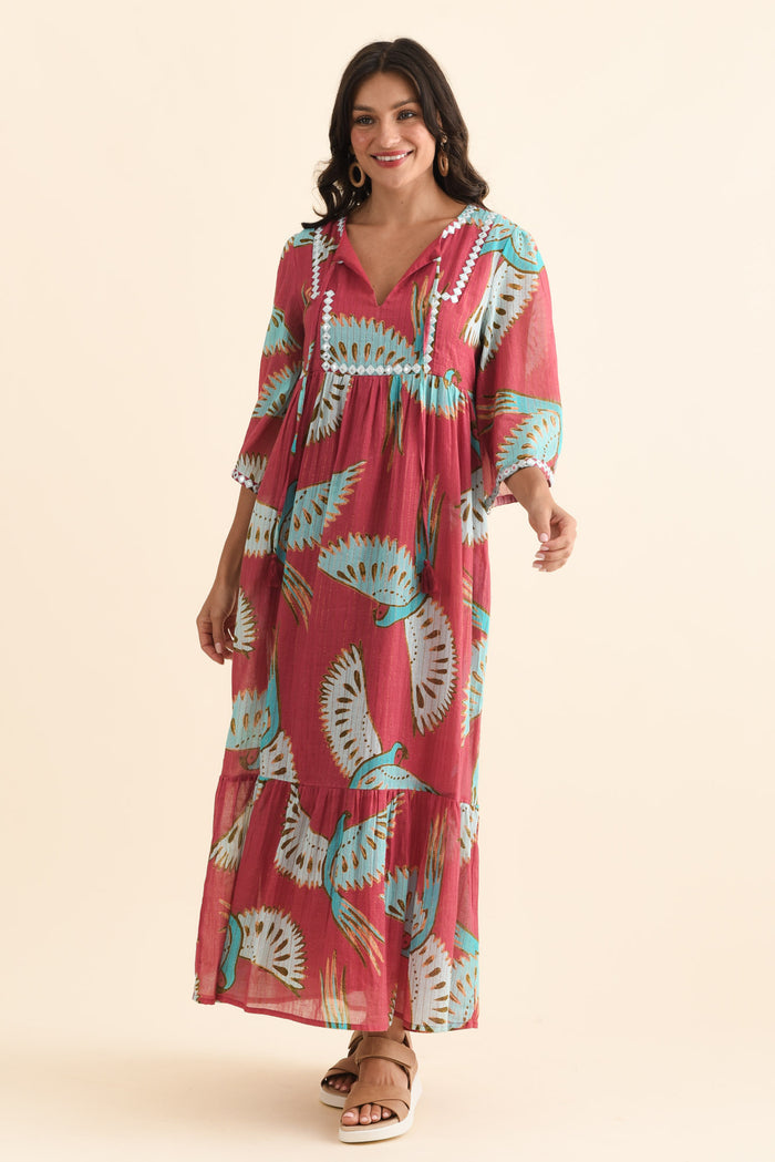 Lorrini Red Bird Cotton Tier Dress,Brunette model,alt text|model:Brontie