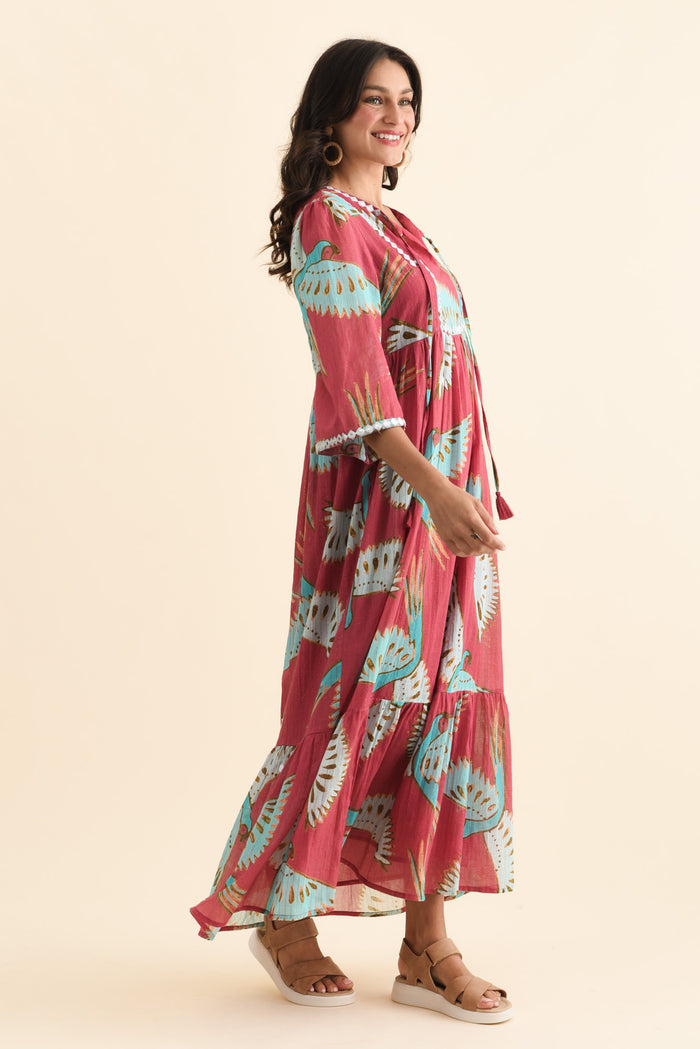 Lorrini Red Bird Cotton Tier Dress,Brunette model,alt text|model:Brontie