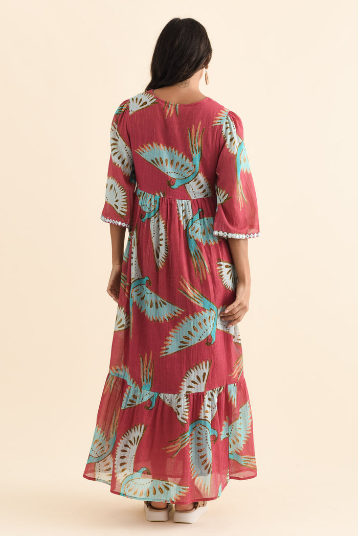 Lorrini Red Bird Cotton Tier Dress,Brunette model,alt text|model:Brontie