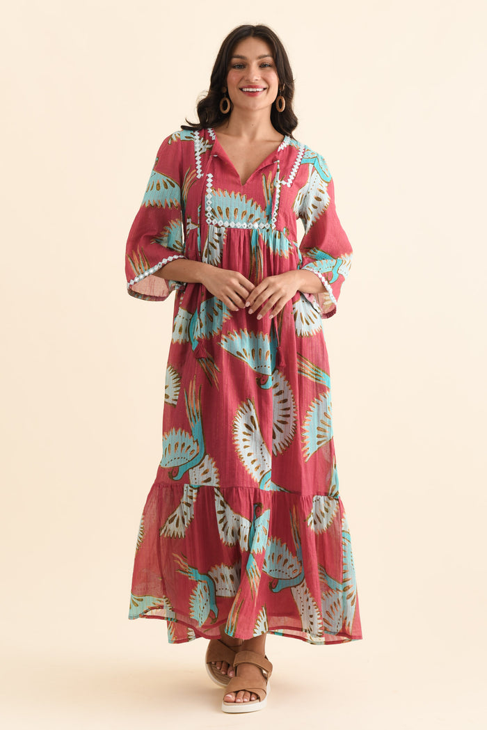 Lorrini Red Bird Cotton Tier Dress,Brunette model,alt text|model:Brontie