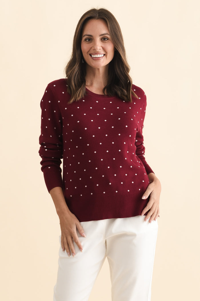 Louis Burgundy Spot Knit Sweater,Brunette model,alt text|model:MJ