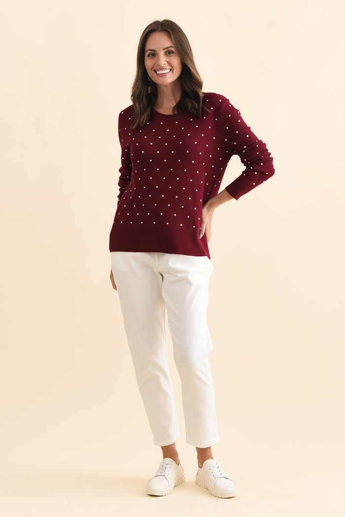 Louis Burgundy Spot Knit Sweater,Brunette model,alt text|model:MJ