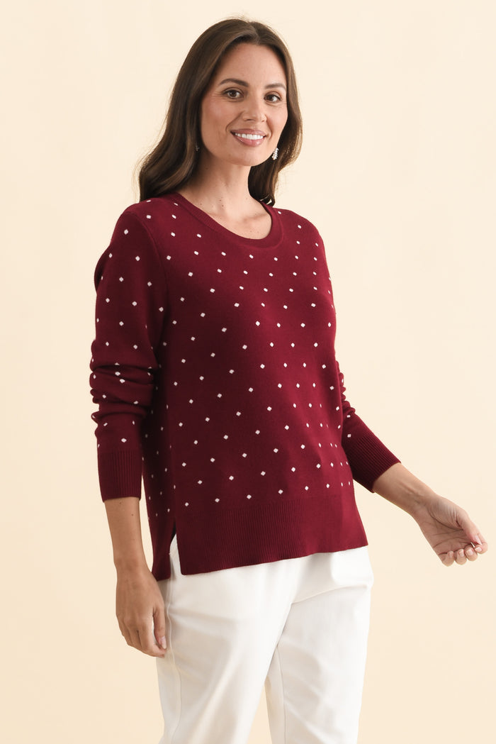 Louis Burgundy Spot Knit Sweater,Brunette model,alt text|model:MJ