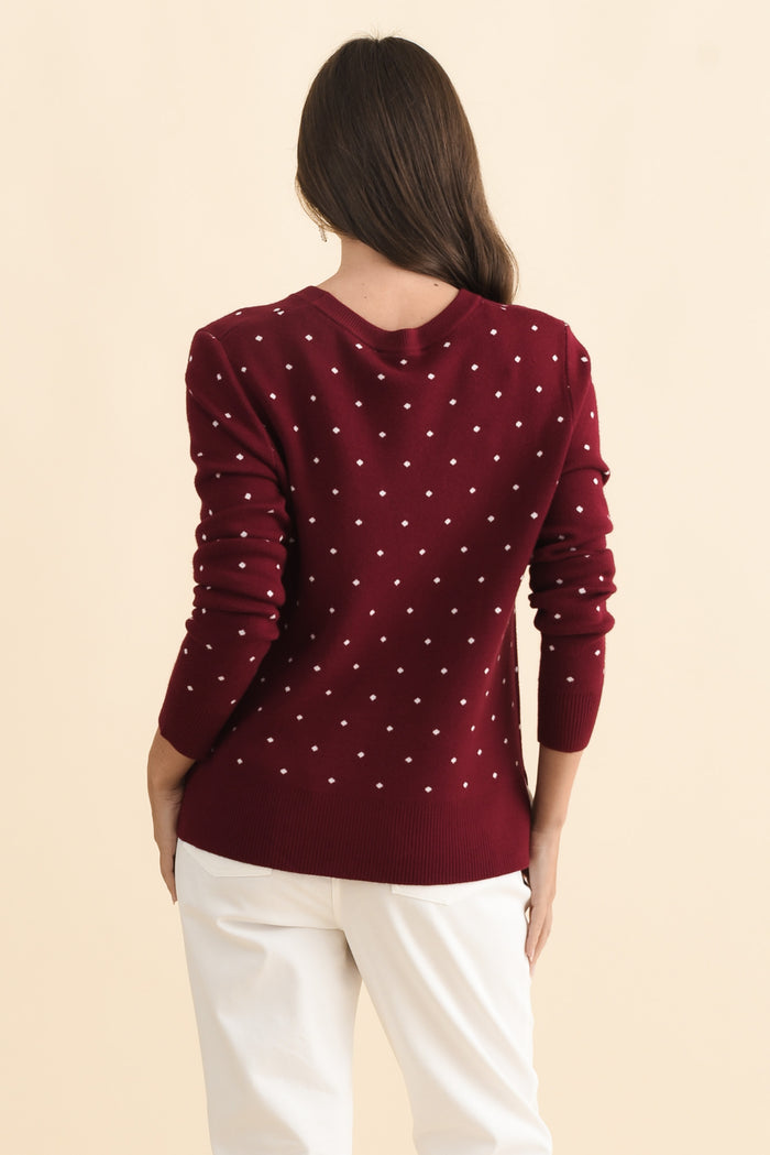 Louis Burgundy Spot Knit Sweater,Brunette model,alt text|model:MJ