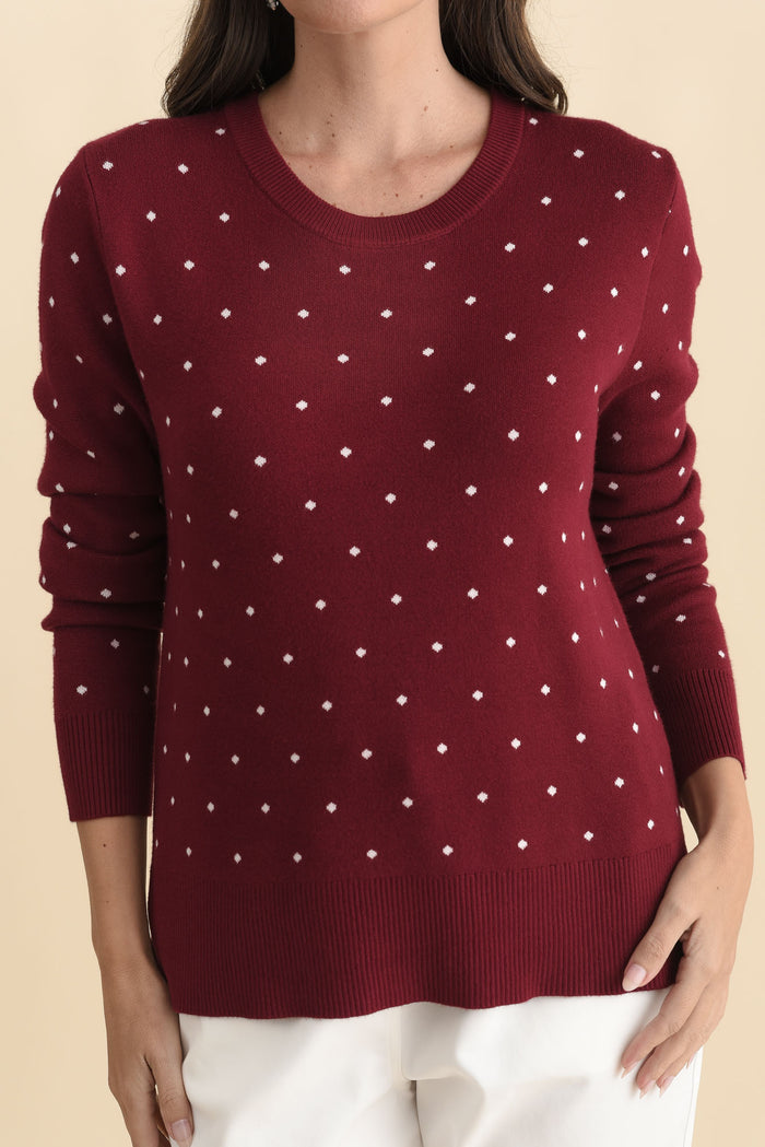 Louis Burgundy Spot Knit Sweater,Brunette model,alt text|model:MJ