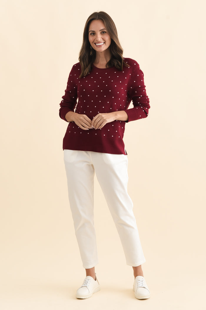 Louis Burgundy Spot Knit Sweater,Brunette model,alt text|model:MJ