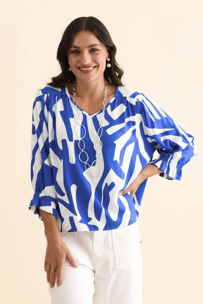 Lourdes Blue Geo Frill Sleeve Top,Brunette model,alt text|model:Brontie