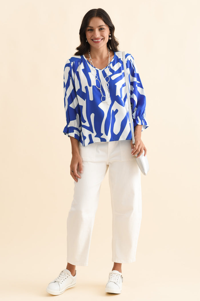 Lourdes Blue Geo Frill Sleeve Top,Brunette model,alt text|model:Brontie