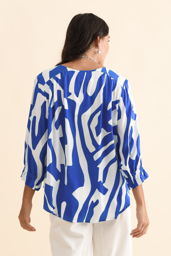 Lourdes Blue Geo Frill Sleeve Top,Brunette model,alt text|model:Brontie