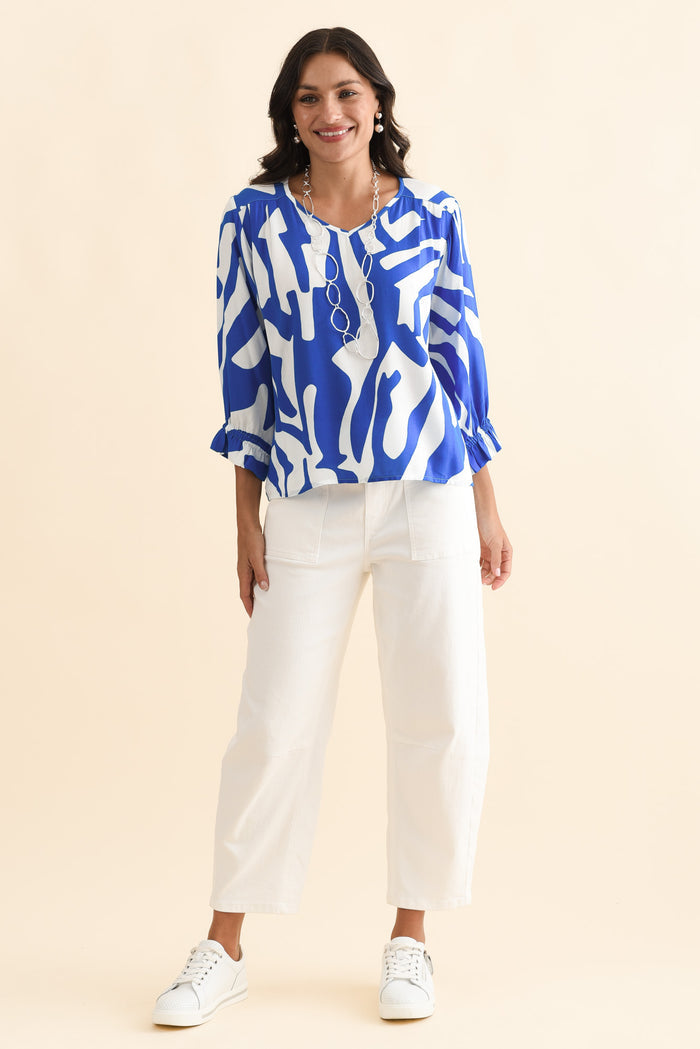 Lourdes Blue Geo Frill Sleeve Top,Brunette model,alt text|model:Brontie