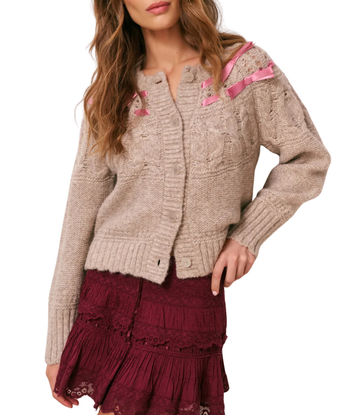 Love Shack Fancy Women Clementian Cardigan Oatmeal Melange Distressed/seasonal womens Love Shack Fancy