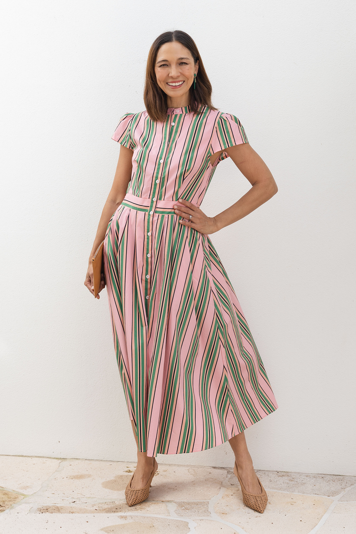 Luanne Green Stripe Cotton Button Dress,Lifestyle