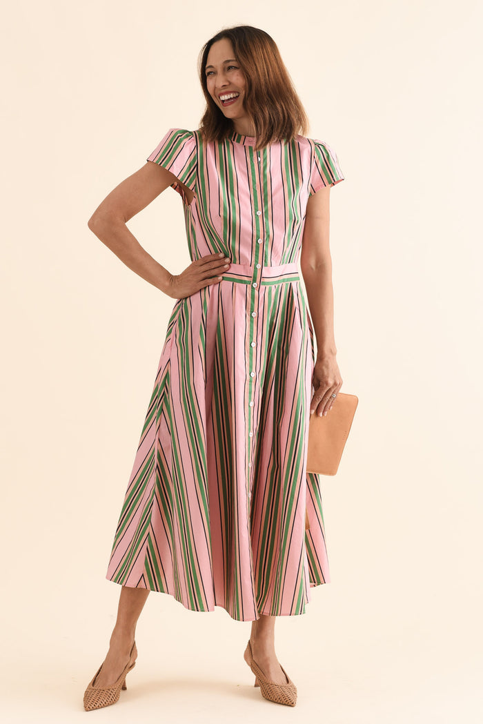 Luanne Green Stripe Cotton Button Dress,Front,Brunette model,alt text|model:Cara