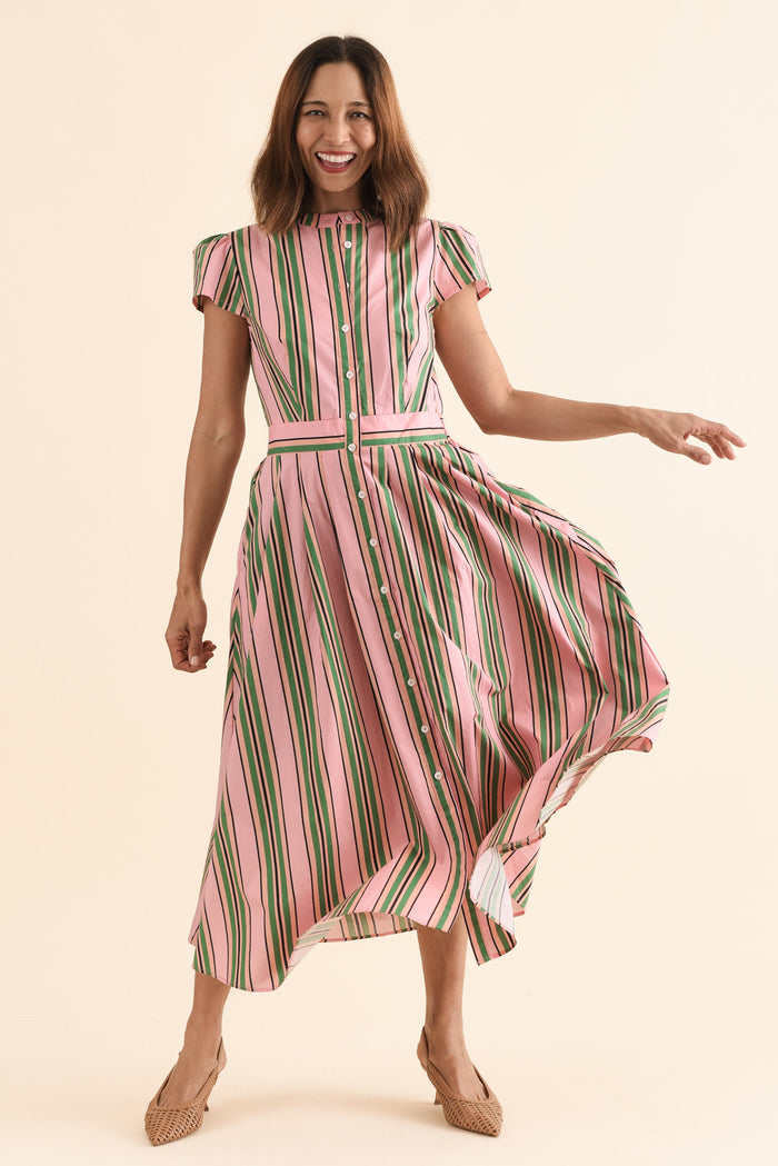 Luanne Green Stripe Cotton Button Dress,Full Body,Brunette model,alt text|model:Cara