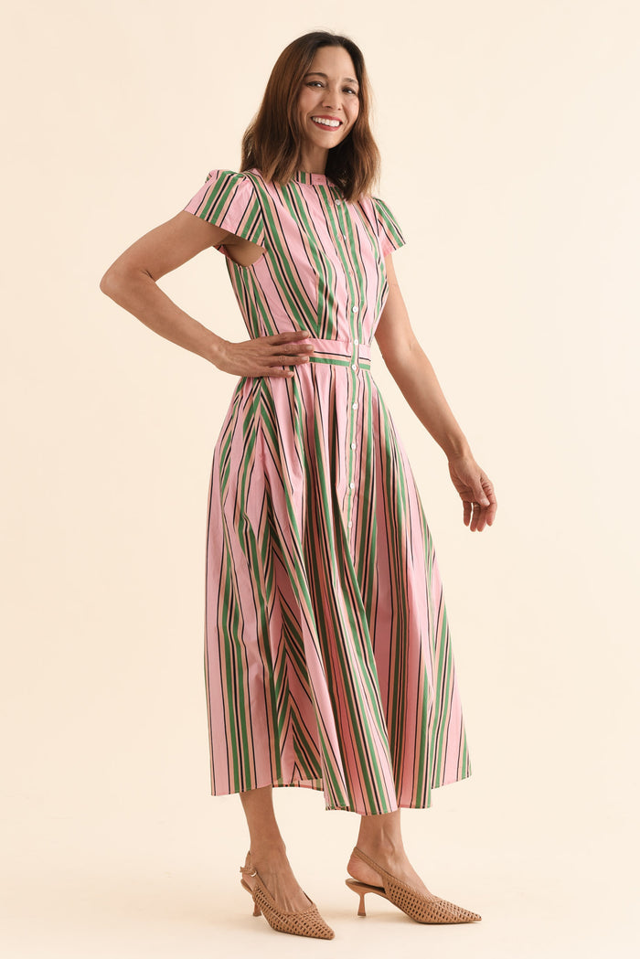 Luanne Green Stripe Cotton Button Dress,Side,Brunette model,alt text|model:Cara