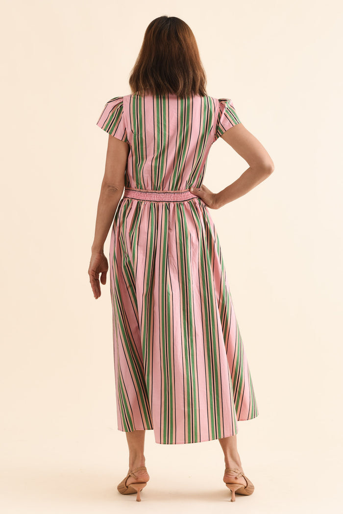 Luanne Green Stripe Cotton Button Dress,Back,Brunette model,alt text|model:Cara