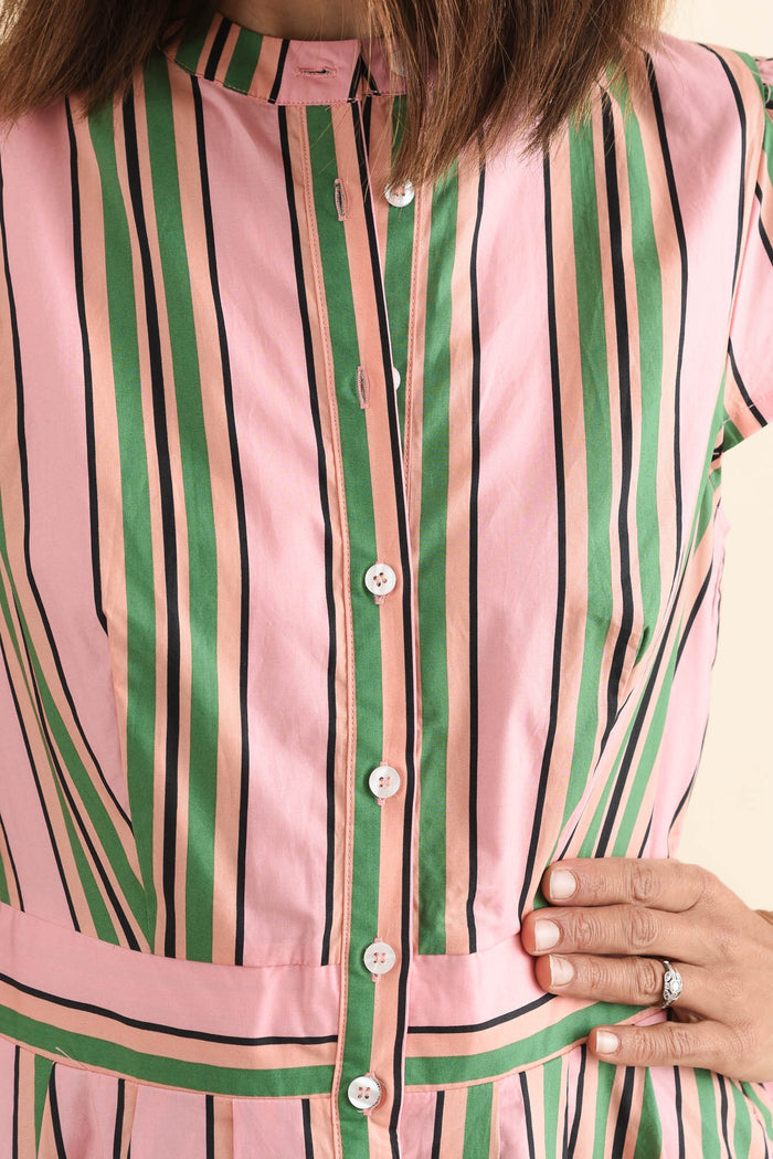 Luanne Green Stripe Cotton Button Dress,Detail,Brunette model,alt text|model:Cara