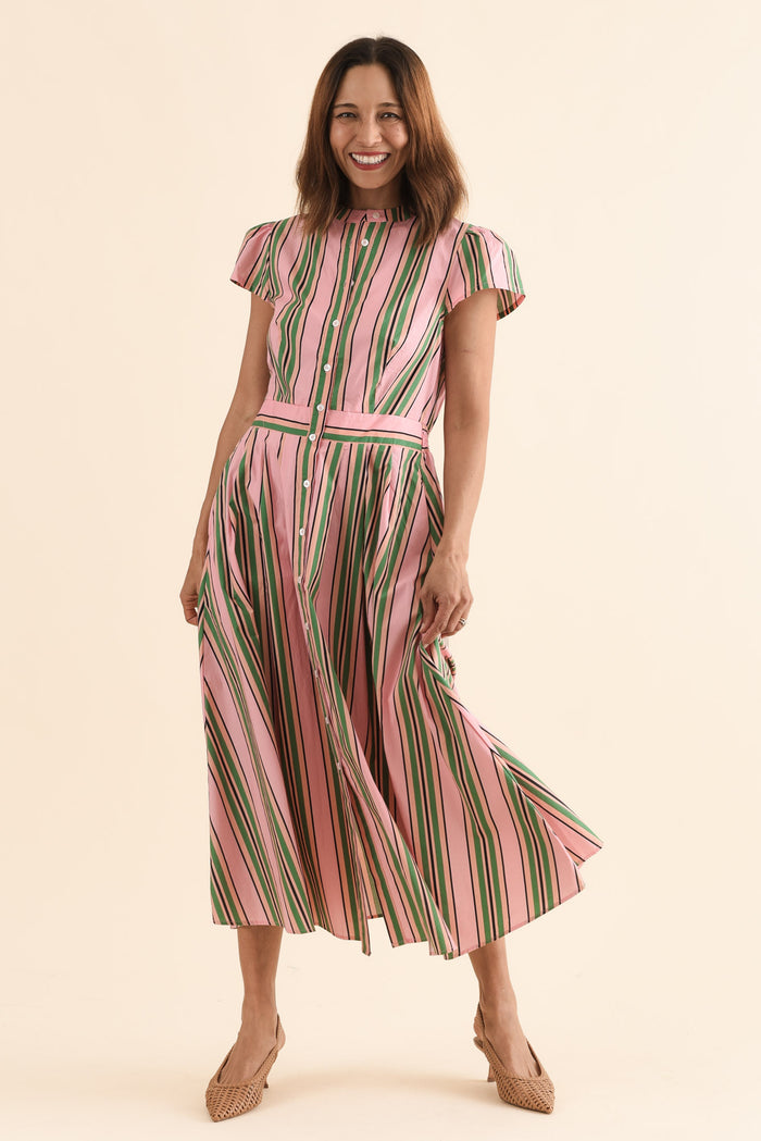 Luanne Green Stripe Cotton Button Dress,Full Body,Brunette model,alt text|model:Cara