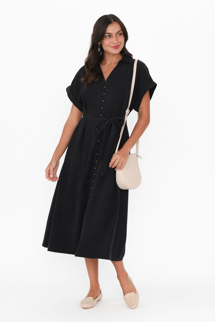 Lucia Black Linen Blend Belted Dress,Brunette model,alt text|model:Brontie