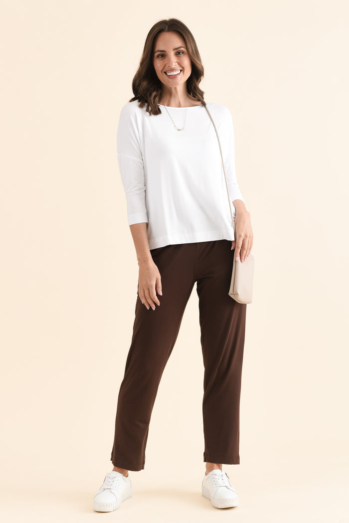 Lucinda White Bamboo Boatneck Top,Full Body,Brunette model,alt text|model:MJ