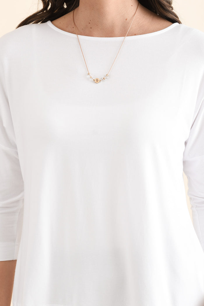 Lucinda White Bamboo Boatneck Top,Detail,Brunette model,alt text|model:MJ