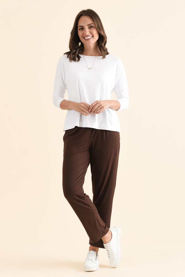 Lucinda White Bamboo Boatneck Top,Full Body,Brunette model,alt text|model:MJ