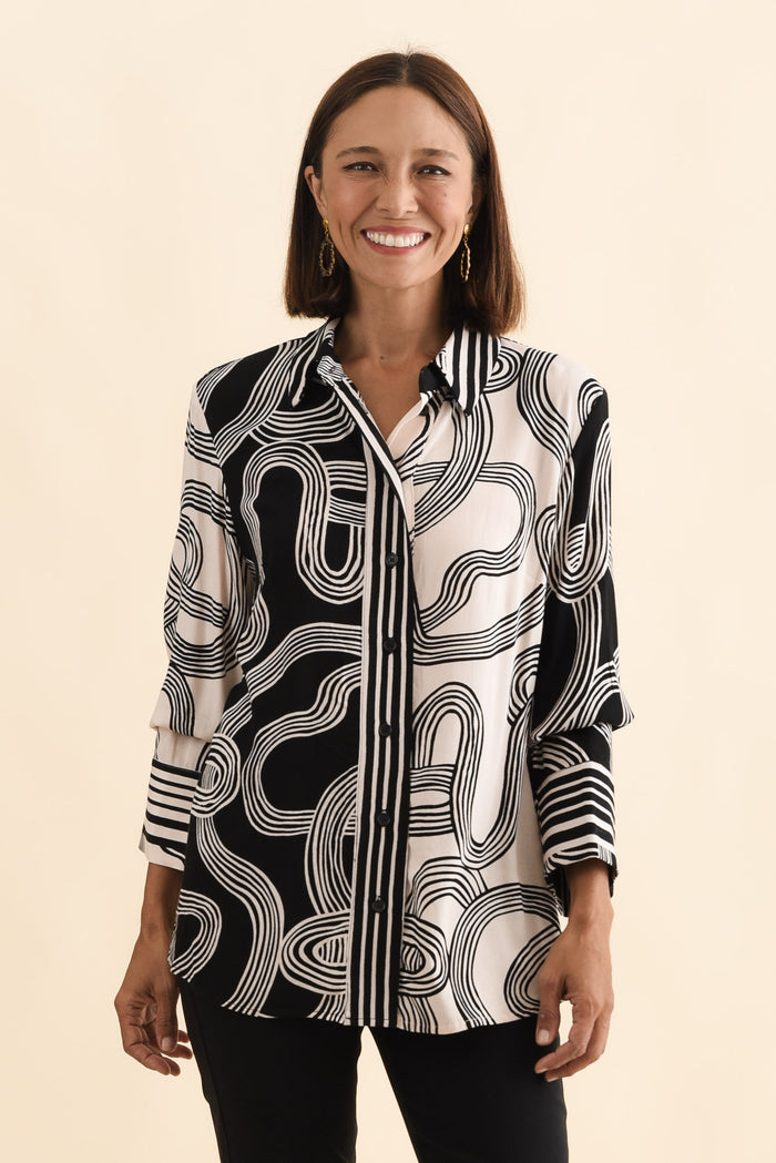 Lucy Black Contrast Collared Shirt,Brunette model,alt text|model:Cara