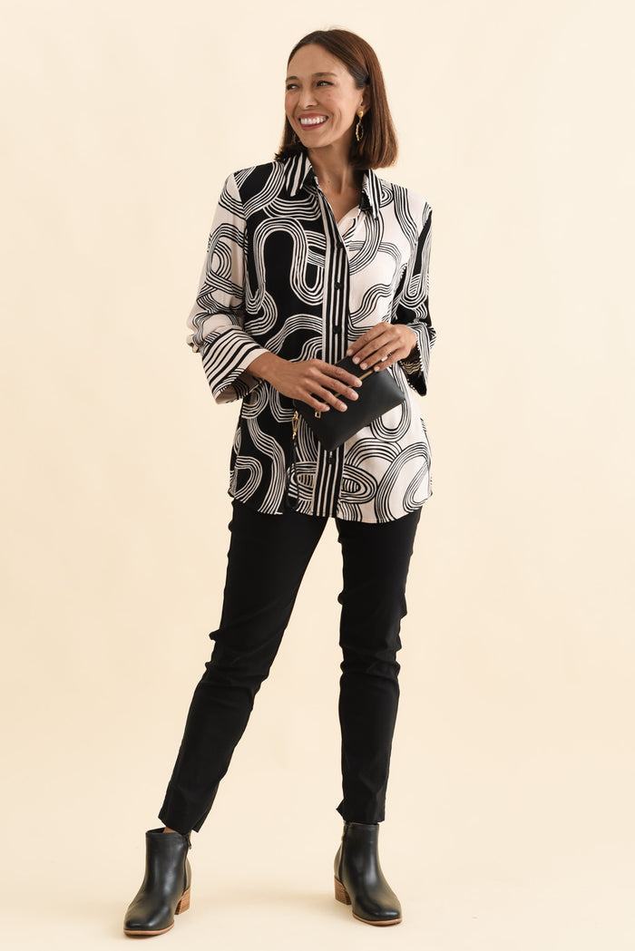 Lucy Black Contrast Collared Shirt,Brunette model,alt text|model:Cara