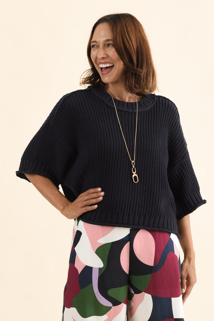 Luela Navy Half Sleeve Knit Jumper,Front,Brunette model,alt text|model:Cara