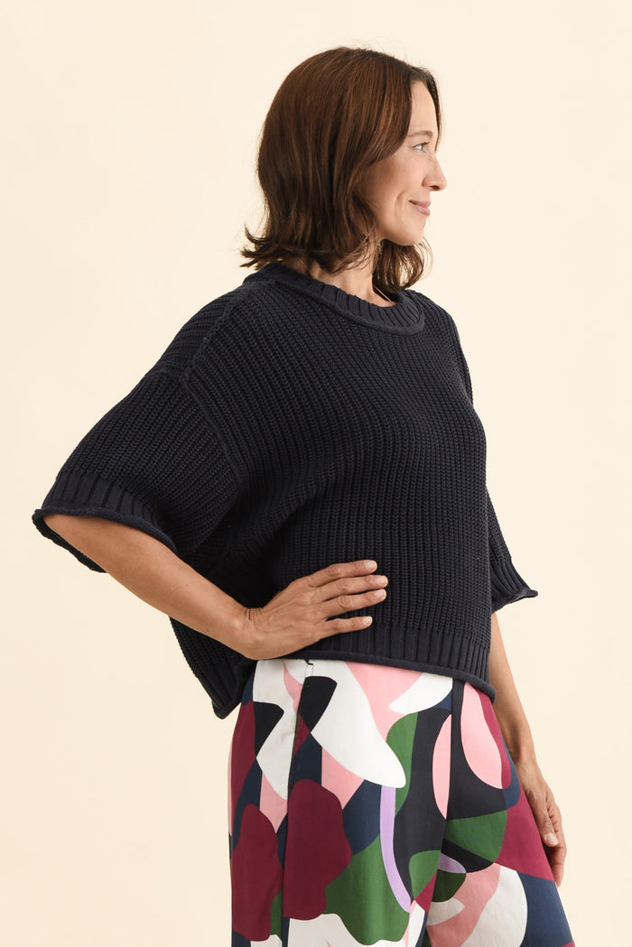 Luela Navy Half Sleeve Knit Jumper,Side,Brunette model,alt text|model:Cara
