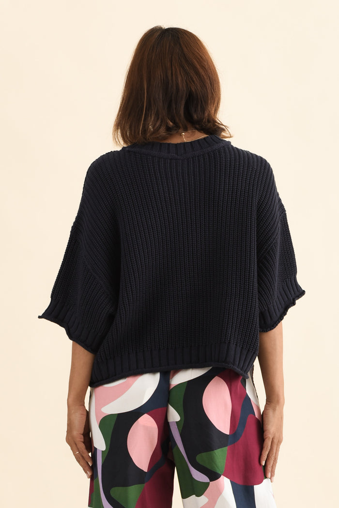 Luela Navy Half Sleeve Knit Jumper,Back,Brunette model,alt text|model:Cara