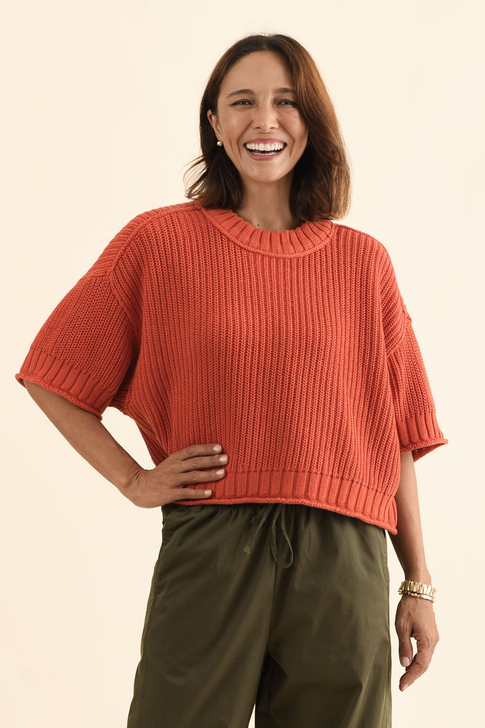 Luela Orange Half Sleeve Knit Jumper,Front,Brunette model,alt text|model:Cara