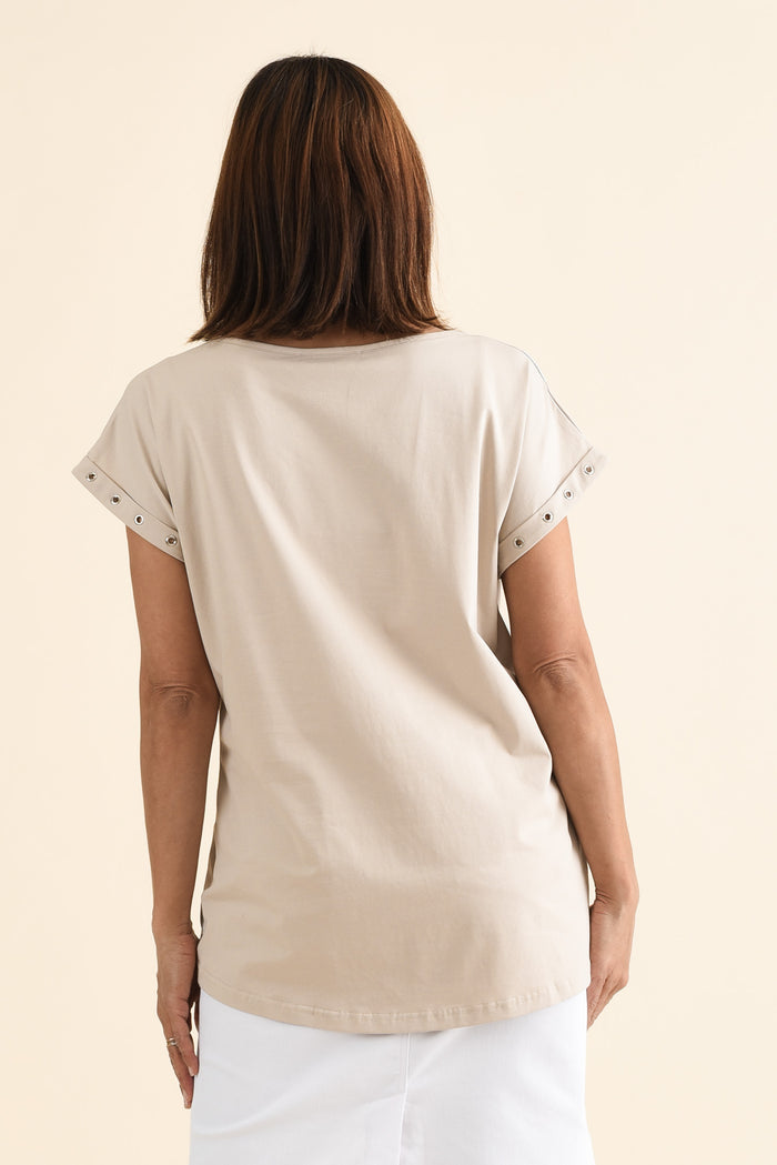 Lumi Natural Foil Spot Cotton Tee,Back,Brunette model,alt text|model:Cara