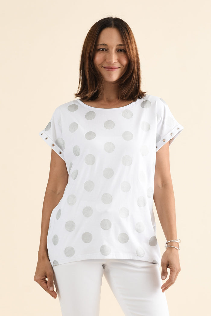 Lumi White Foil Spot Cotton Tee,Front,Brunette model,alt text|model:Cara