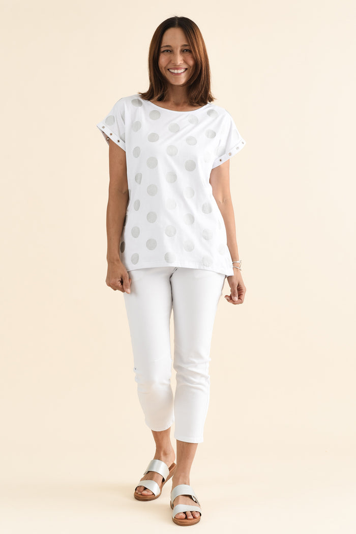 Lumi White Foil Spot Cotton Tee,Full Body,Brunette model,alt text|model:Cara