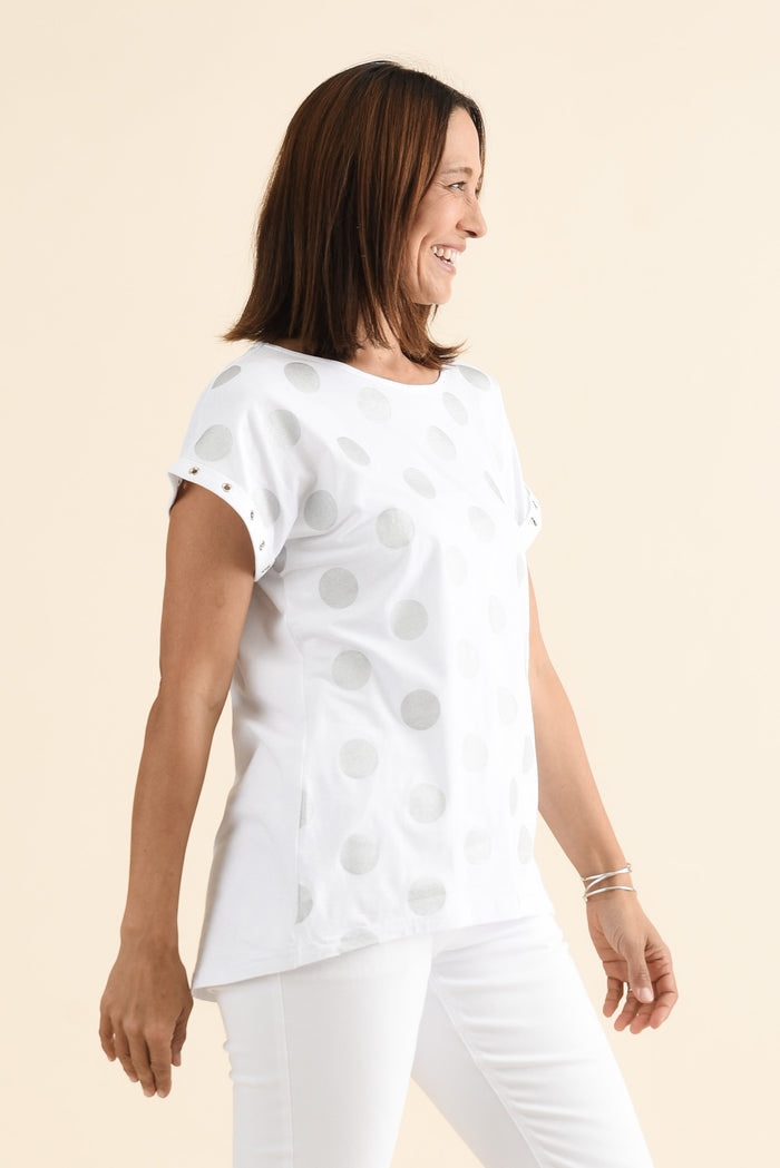 Lumi White Foil Spot Cotton Tee,Side,Brunette model,alt text|model:Cara