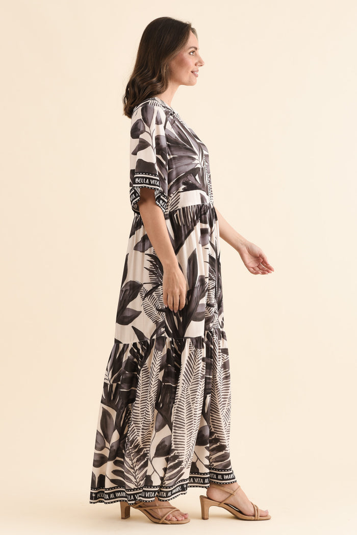 Lyndall Grey Palm Tie Dress,Side,Brunette model,alt text|model:MJ